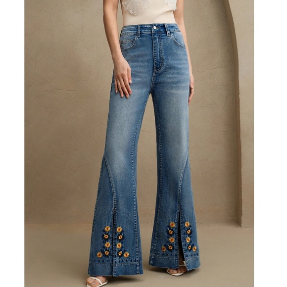 Boho Medium Wash High Waisted Floral Embroidered Split Hem Wide leg Jeans Pant - Picture 2 of 7